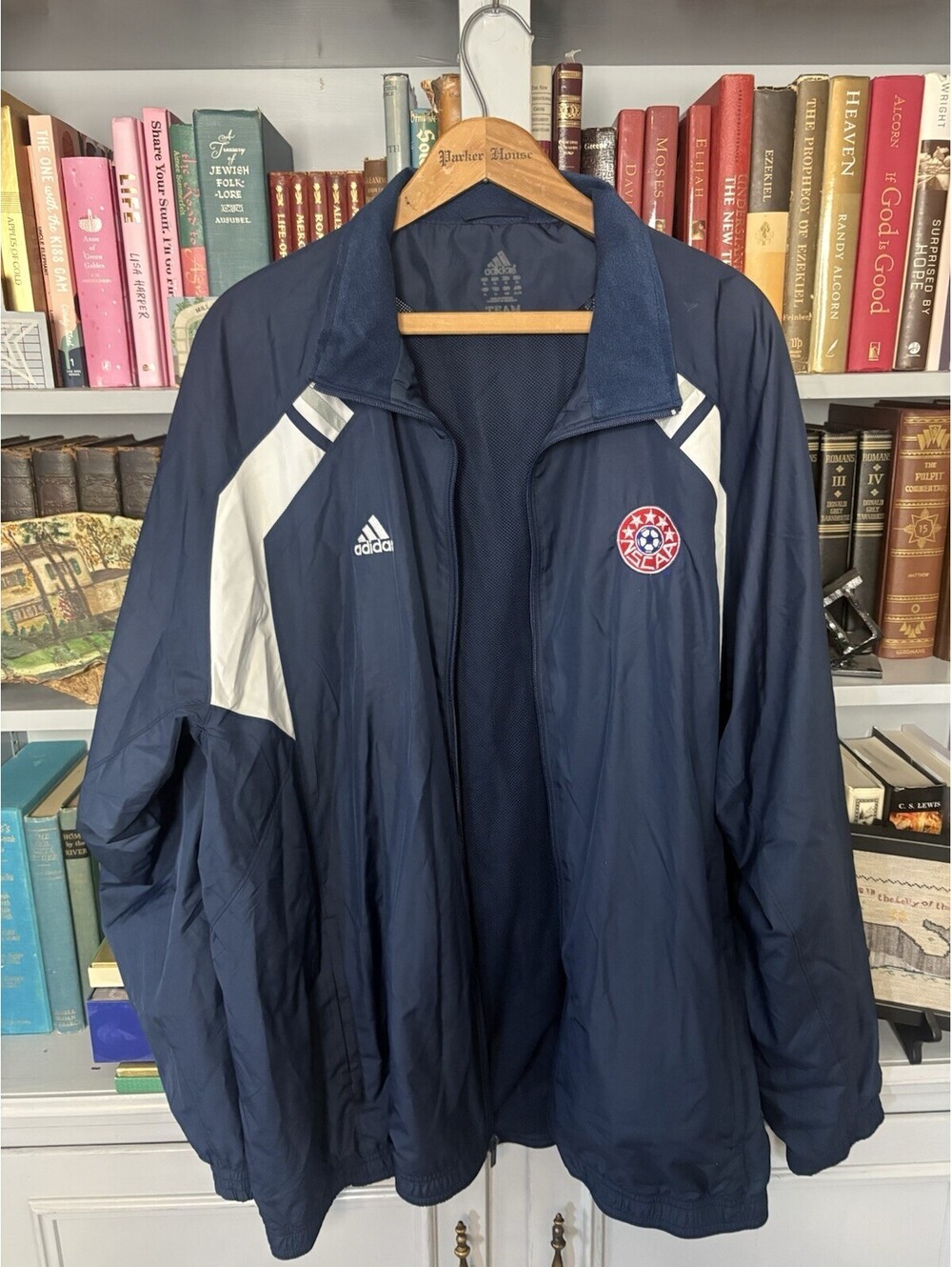 Men’s Adidas NSCAA Soccer Windbreaker Jacket Blue & White Size XL